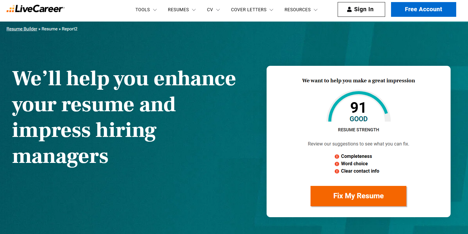 Excellent ATS score on LiveCareer